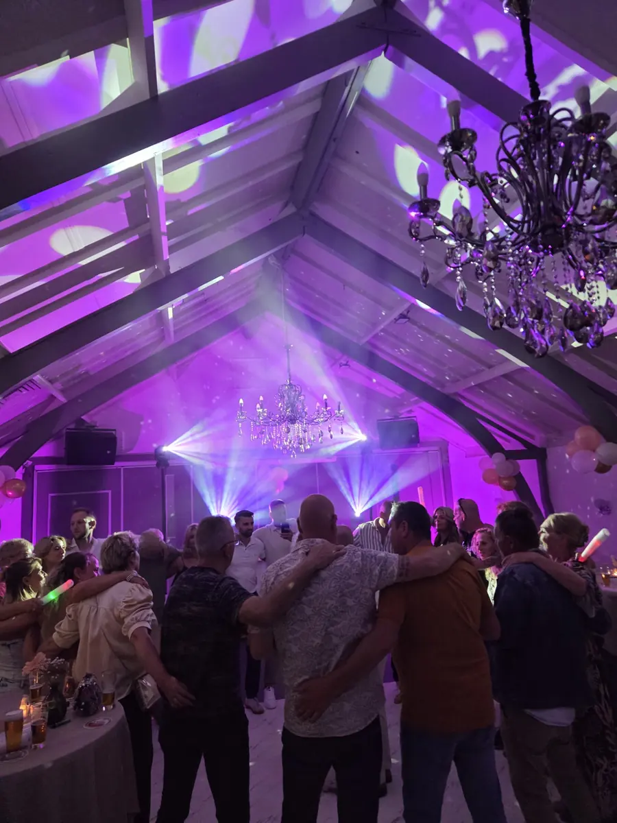 Feestgasten dansen onder paarse DJ-verlichting bij De Paerssjtal in Reuver
